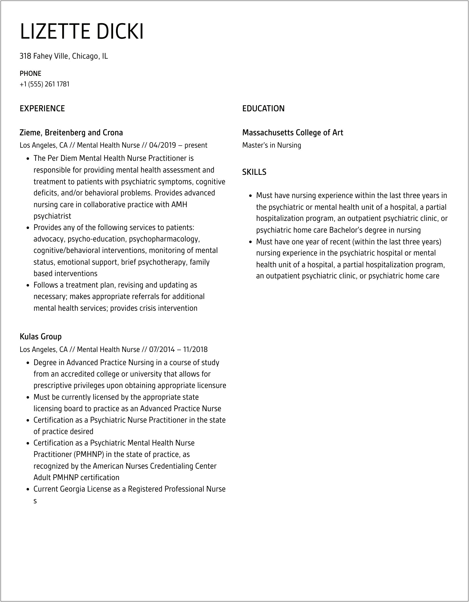 Sample Resume For Psychiatric Long Term Care Nurse