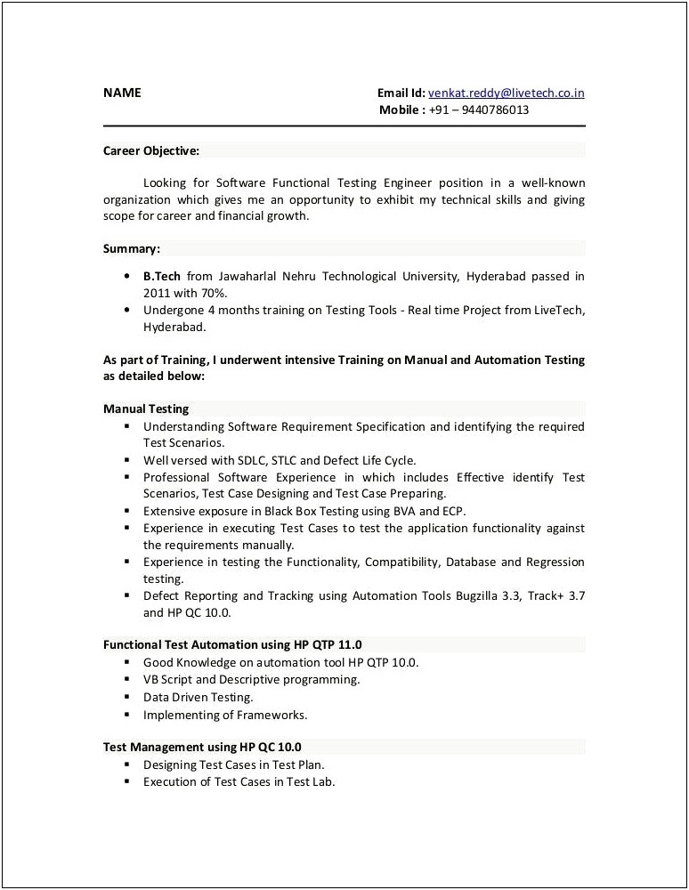 Sample Resume For Qtp Automation Testing For Freshers