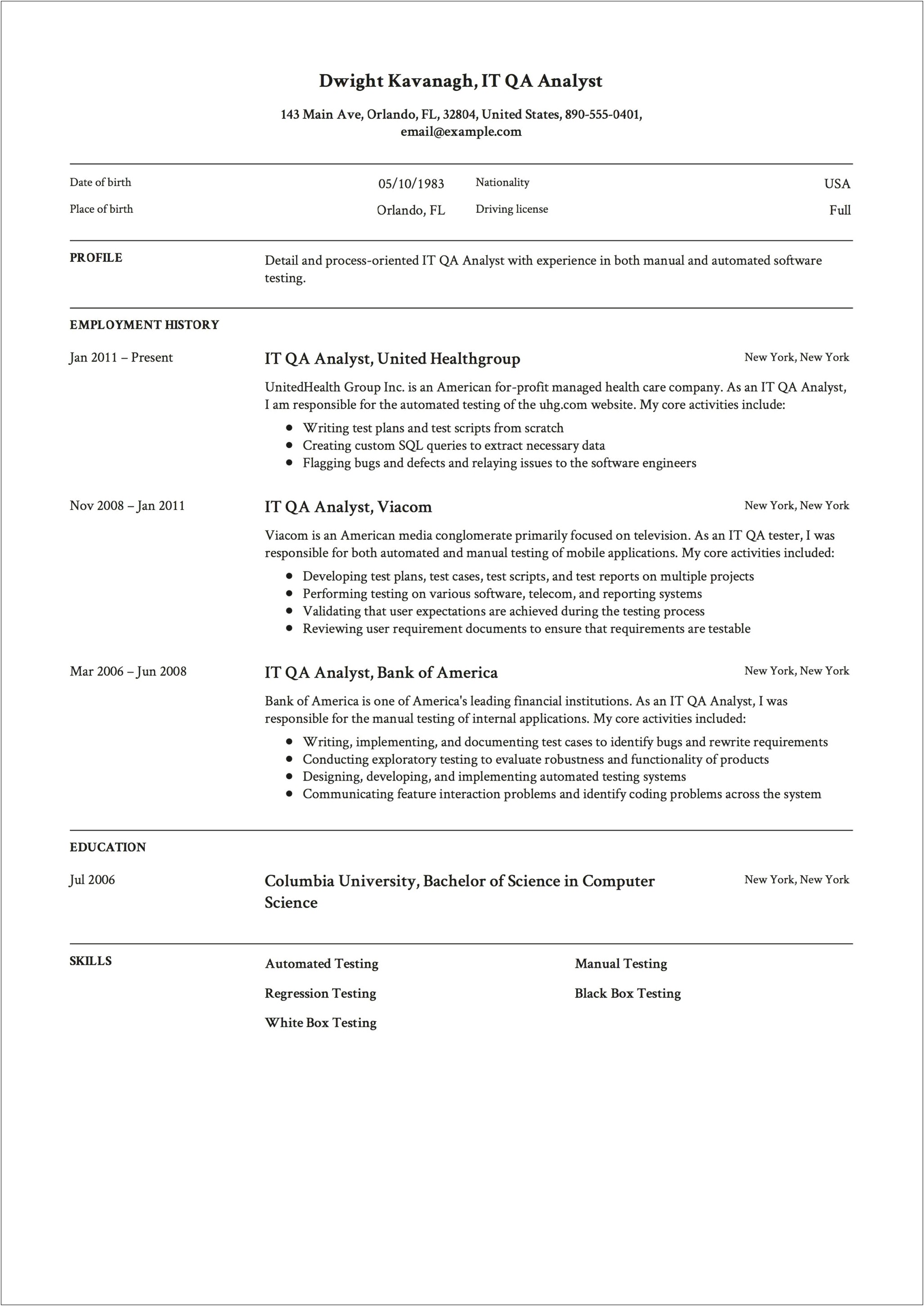 Sample Resume For Quality Analyst