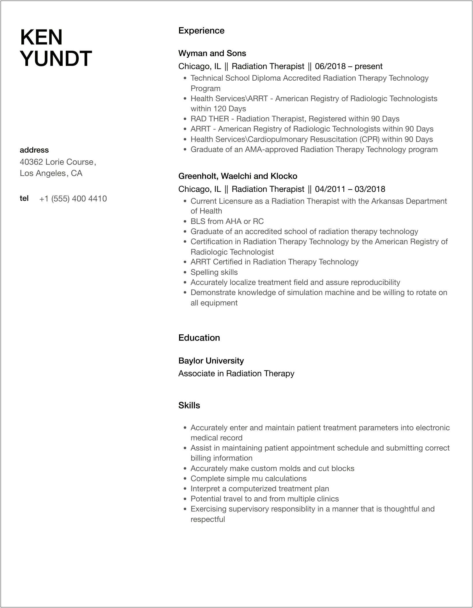 Sample Resume For Radiation Therapist Student