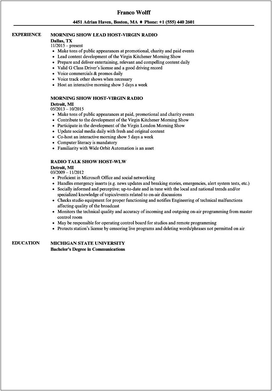 Sample Resume For Radio Jockey Job