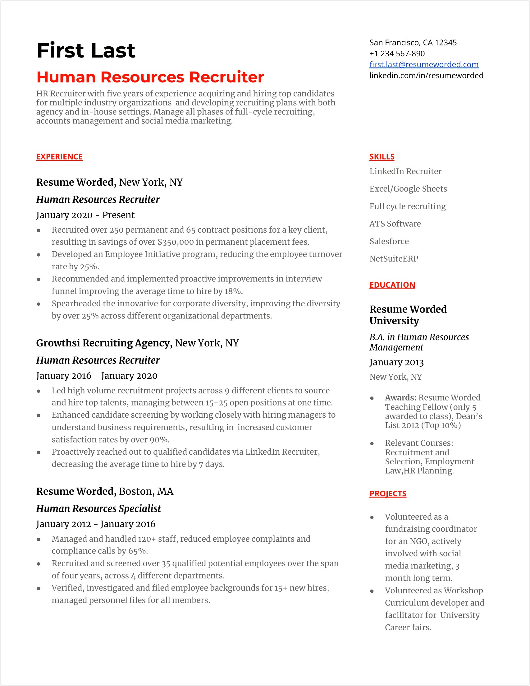 Sample Resume For Recruiter Without Experience