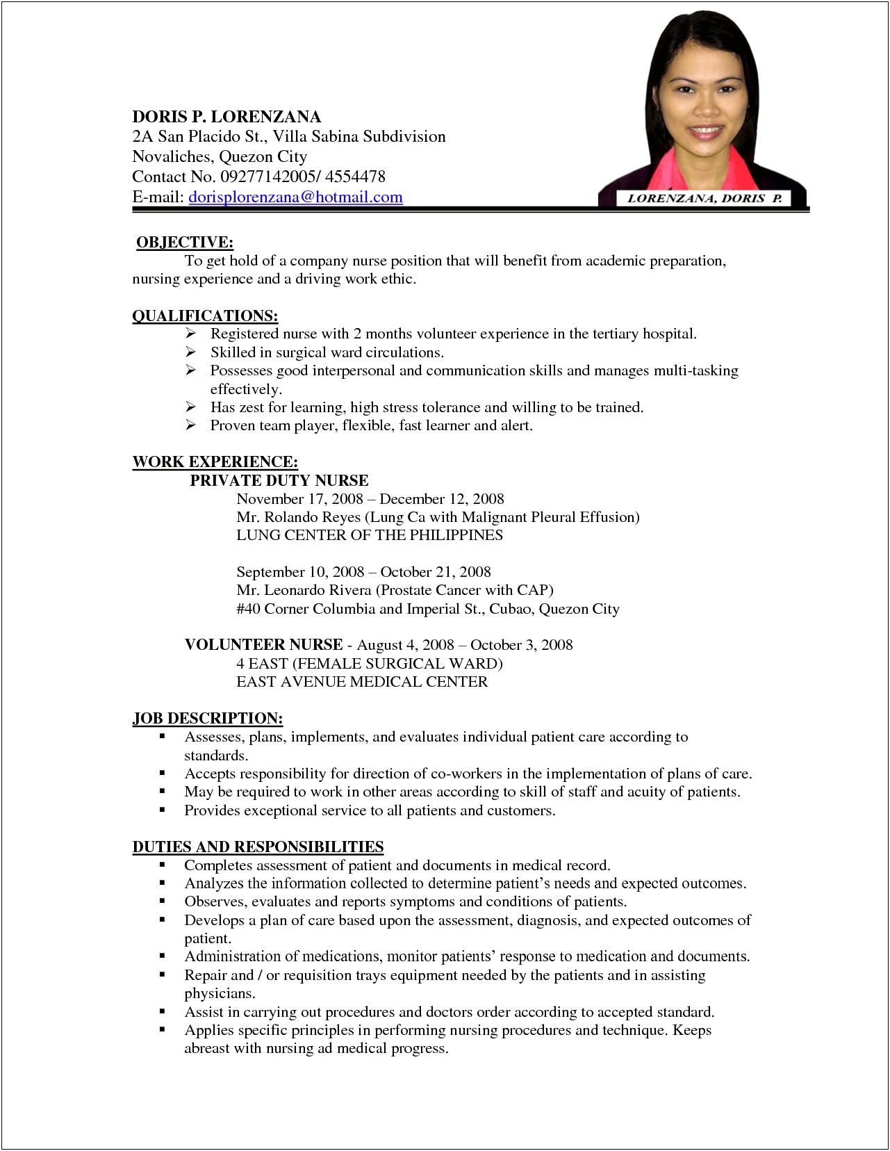 Sample Resume For Registered Nurse Position