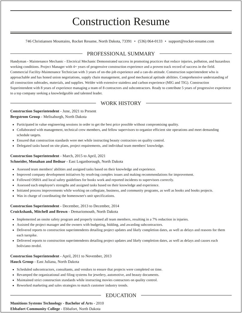 Sample Resume For Residential Construction Superintendent