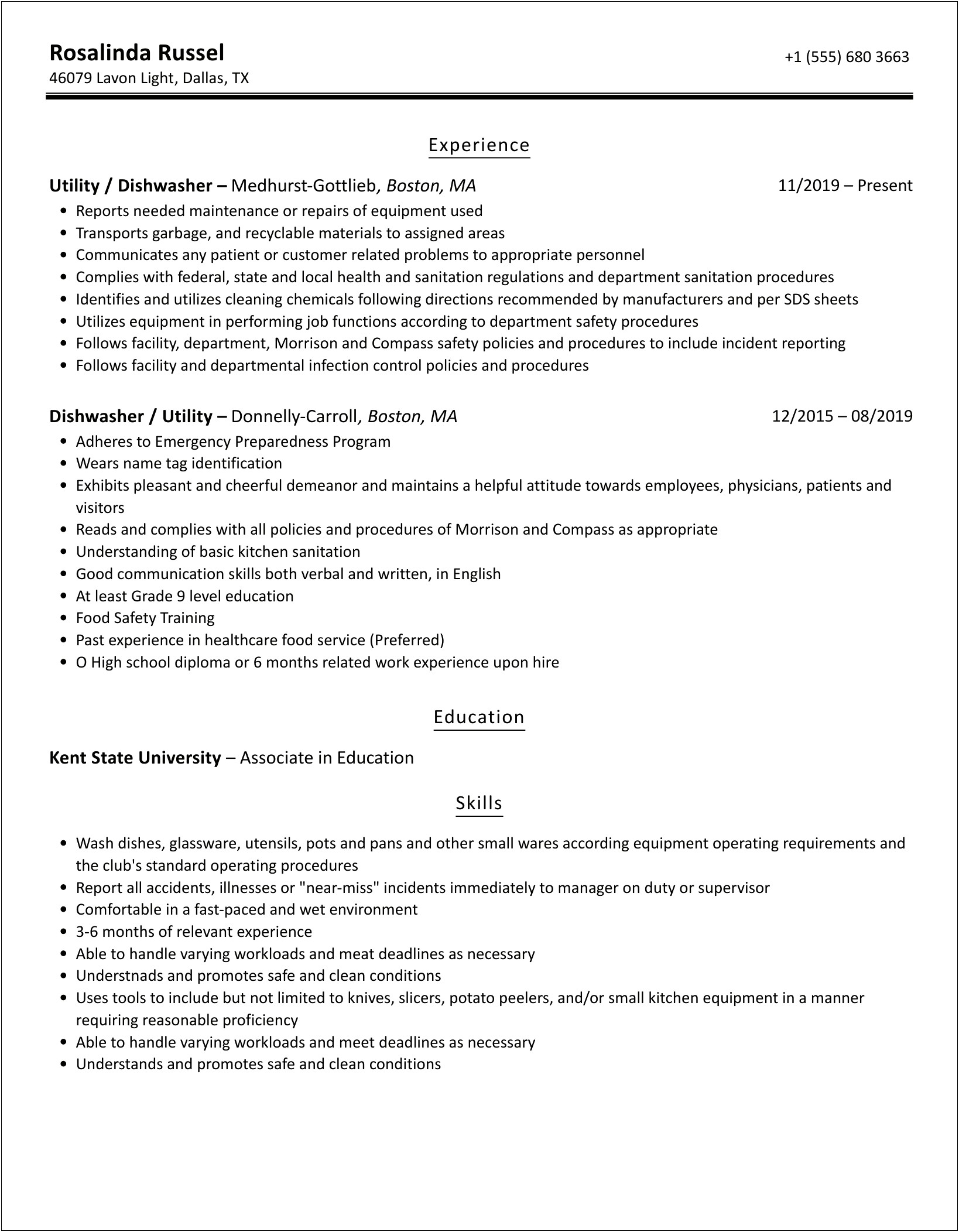 Sample Resume For Restaurant Worker Dishwasher