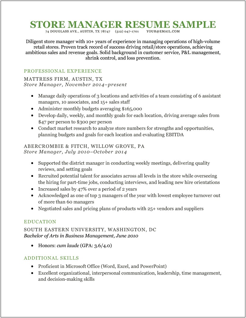 Sample Resume For Retail General Manager