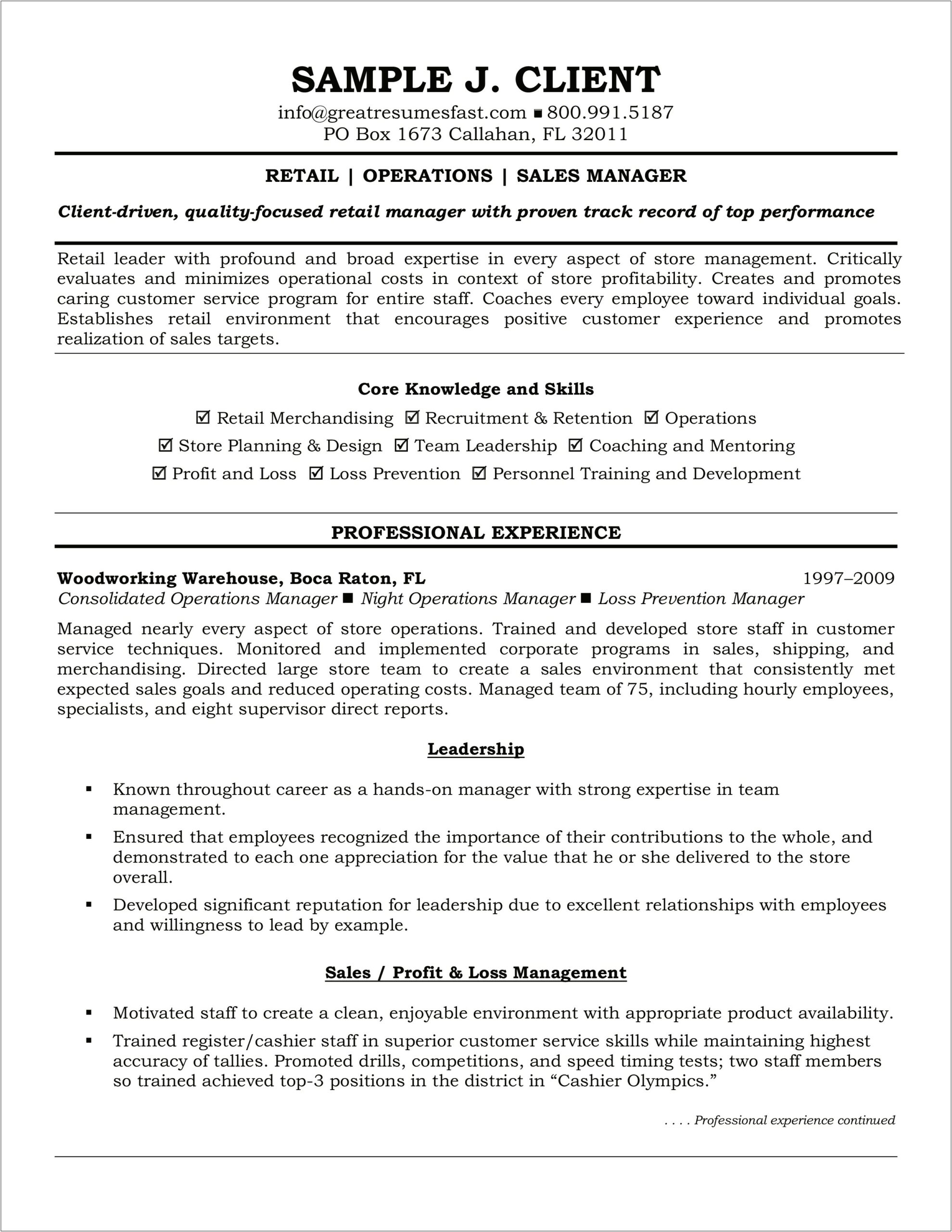 Sample Resume For Sales Operations Manager