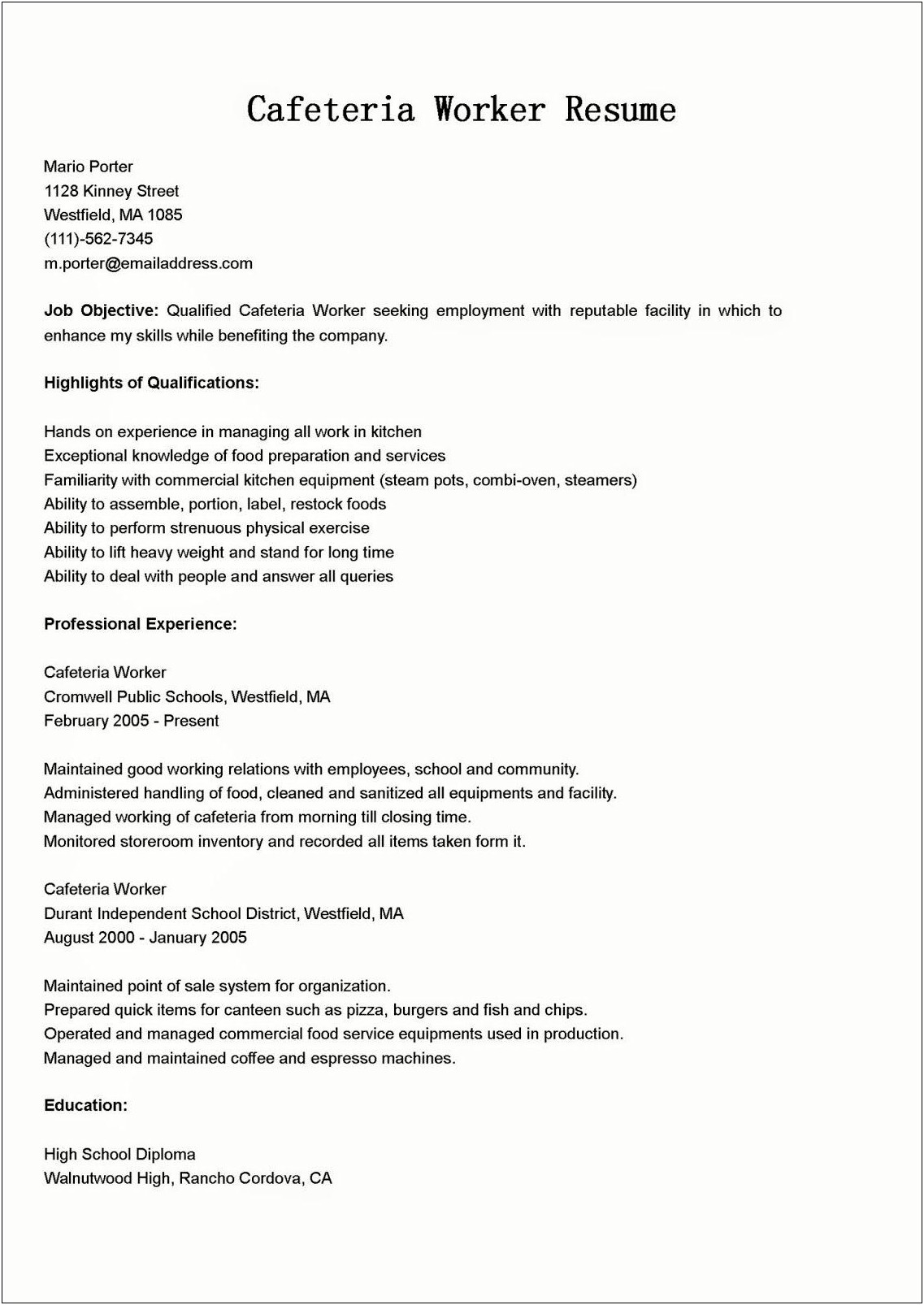 Sample Resume For School Cafeteria Worker