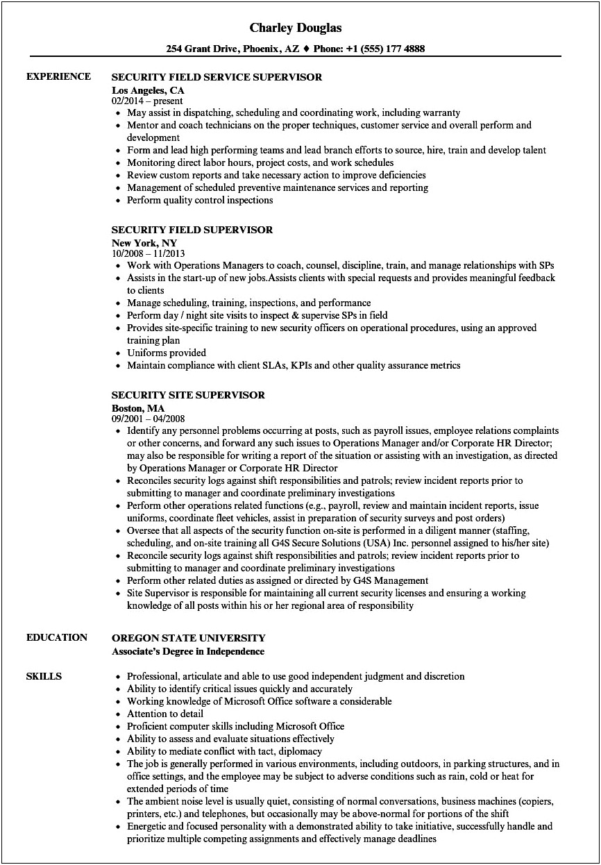 Sample Resume For Security Field Supervisor