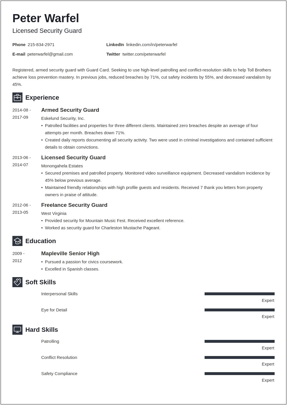 Sample Resume For Security Guard No Experience