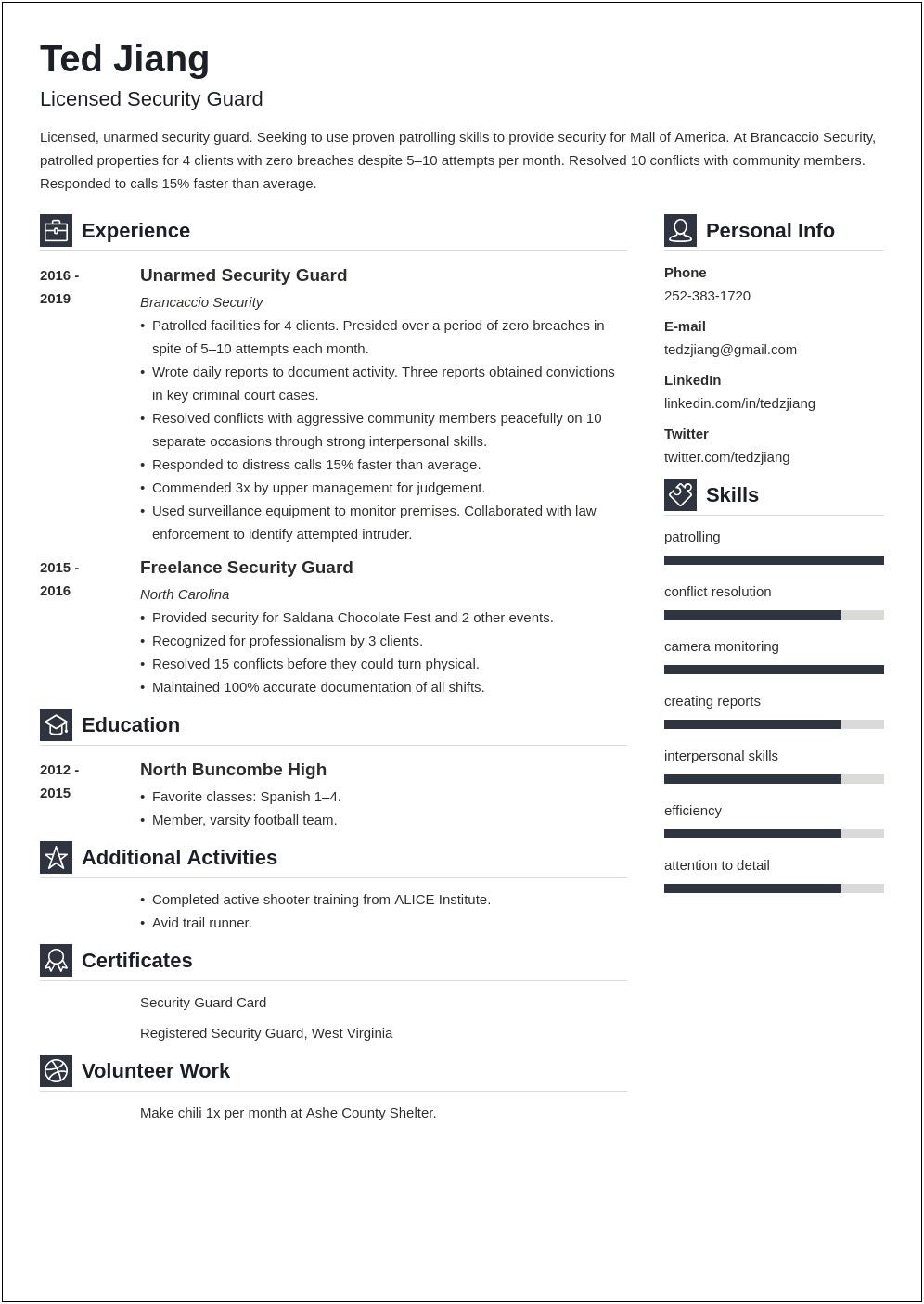 Sample Resume For Security Guard Unarmed