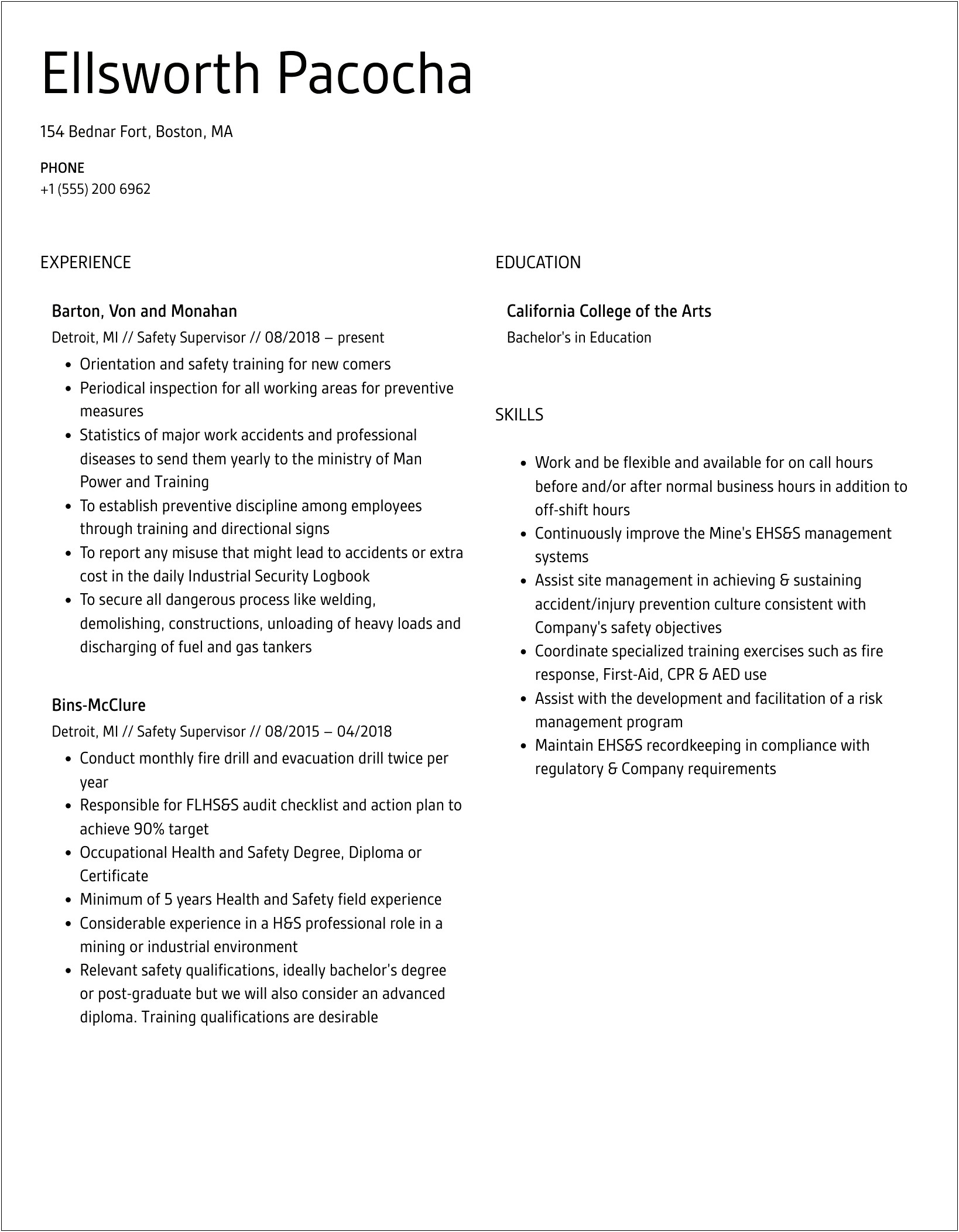 Sample Resume For Site Safety Supervisor