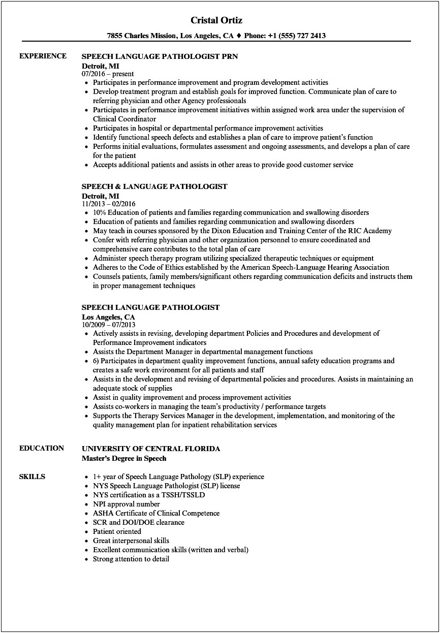 Sample Resume For Speech Pathology Grad School