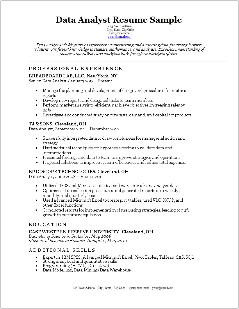 Sample Resume For Statistical Data Analyst