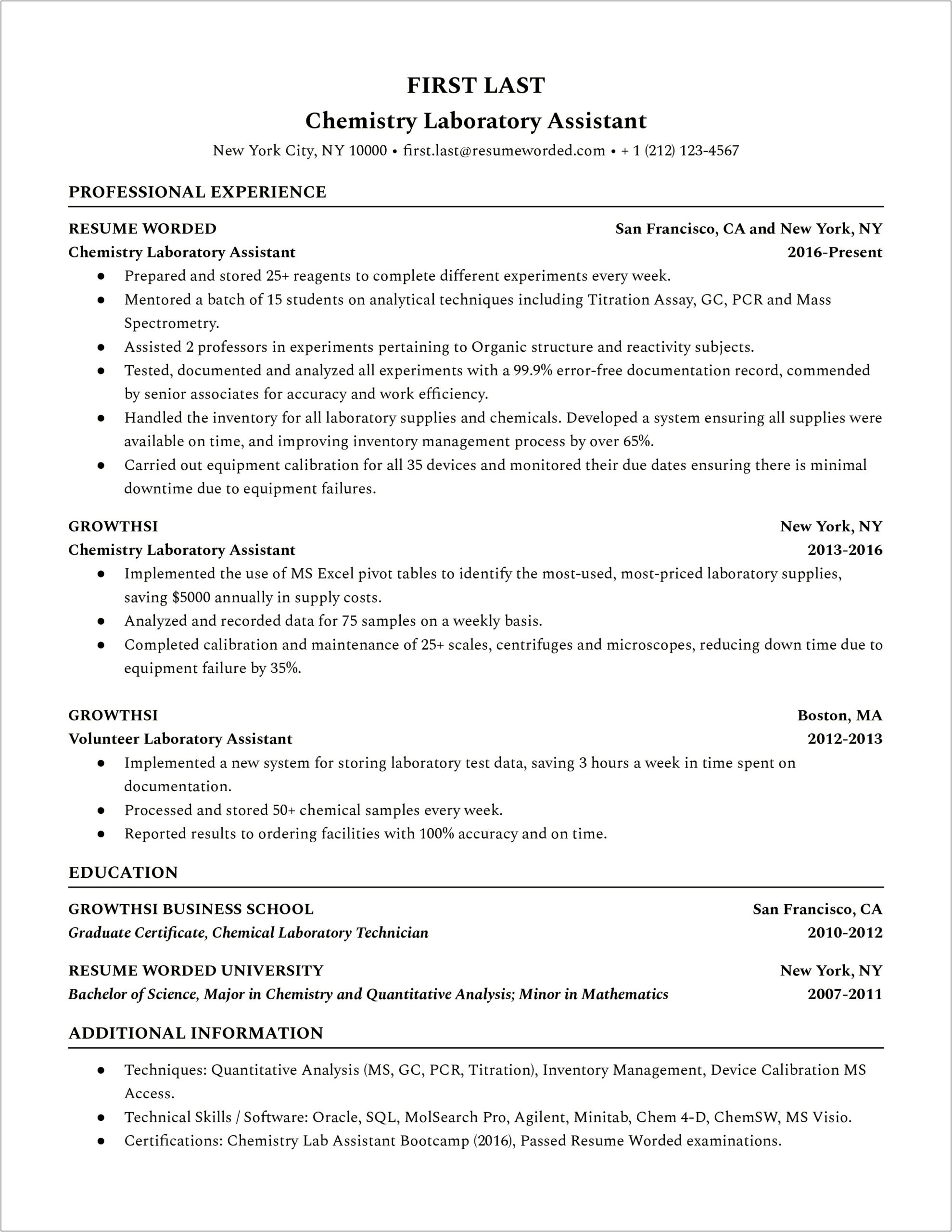 Sample Resume For Student Lab Assistant