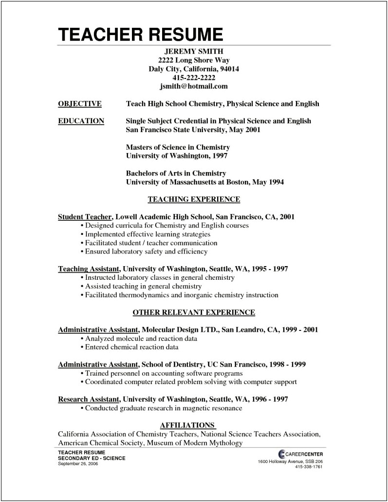 Sample Resume For Teaching Job Application