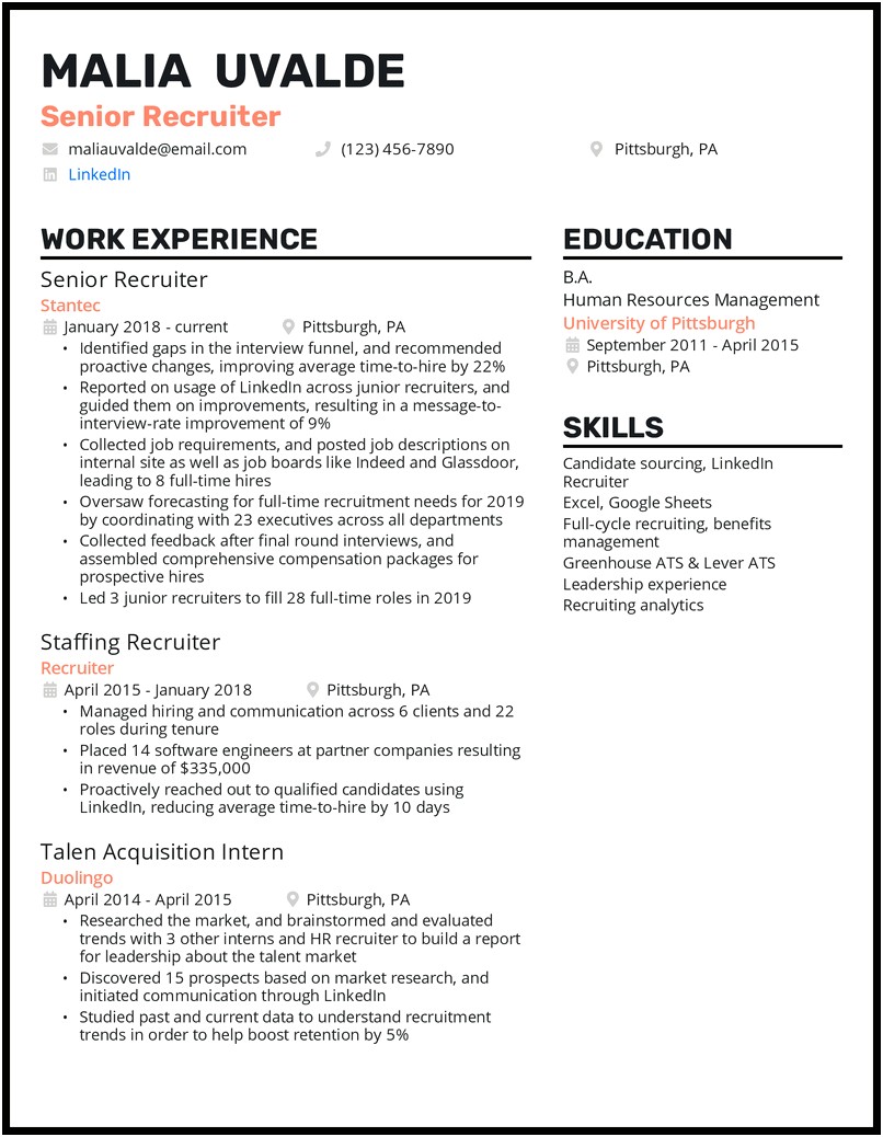 Sample Resume For Technical Recruiter Position