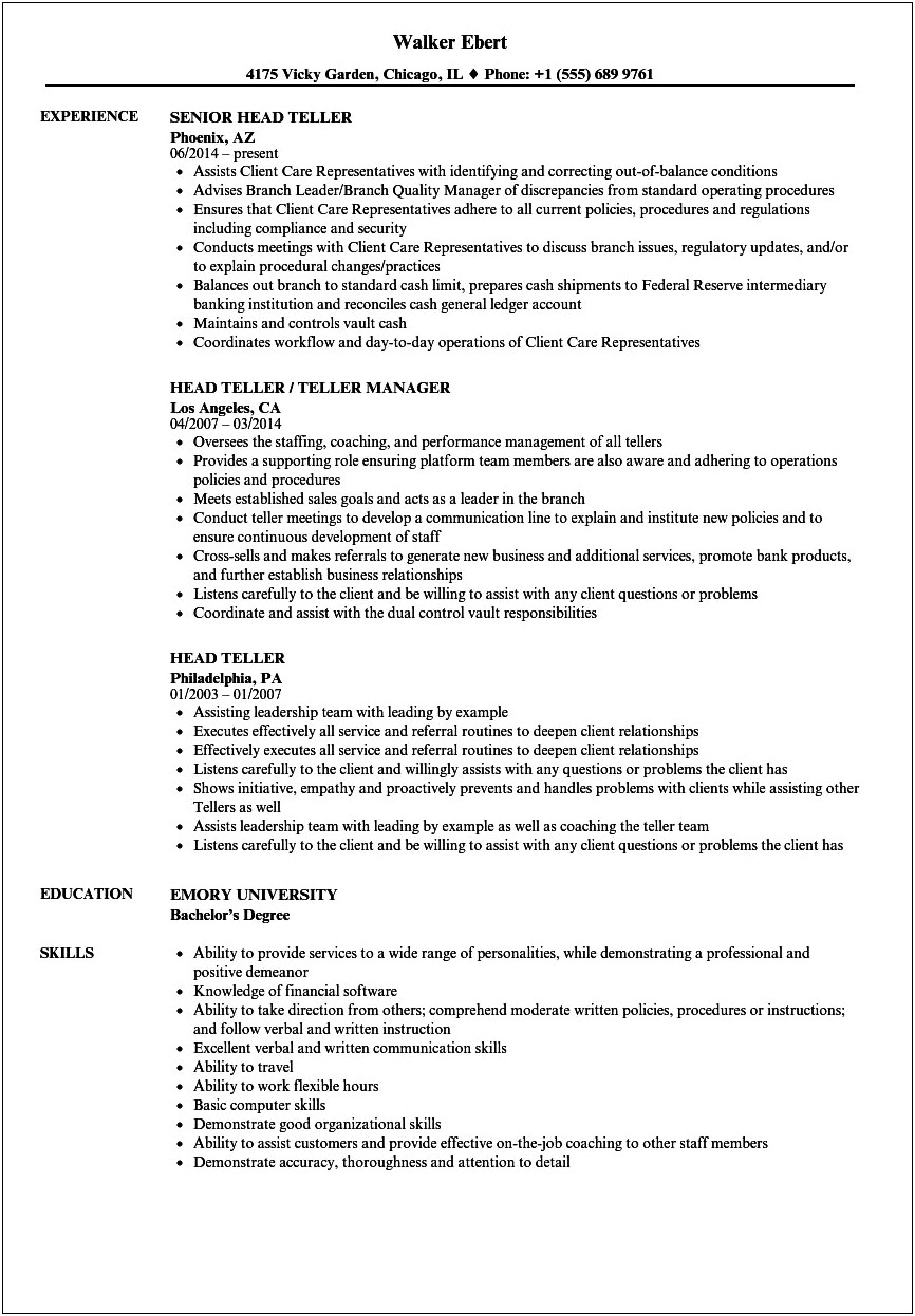 Sample Resume For Teller Manager Position