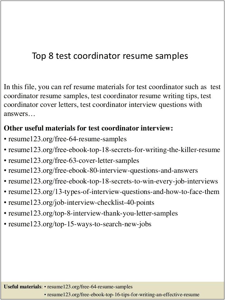Sample Resume For Test Coordinator Position