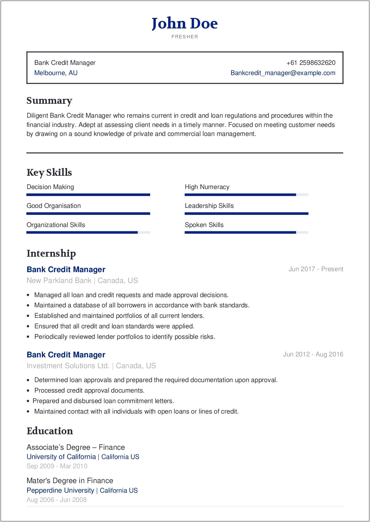 Sample Resume For The Post Of Credit Manager