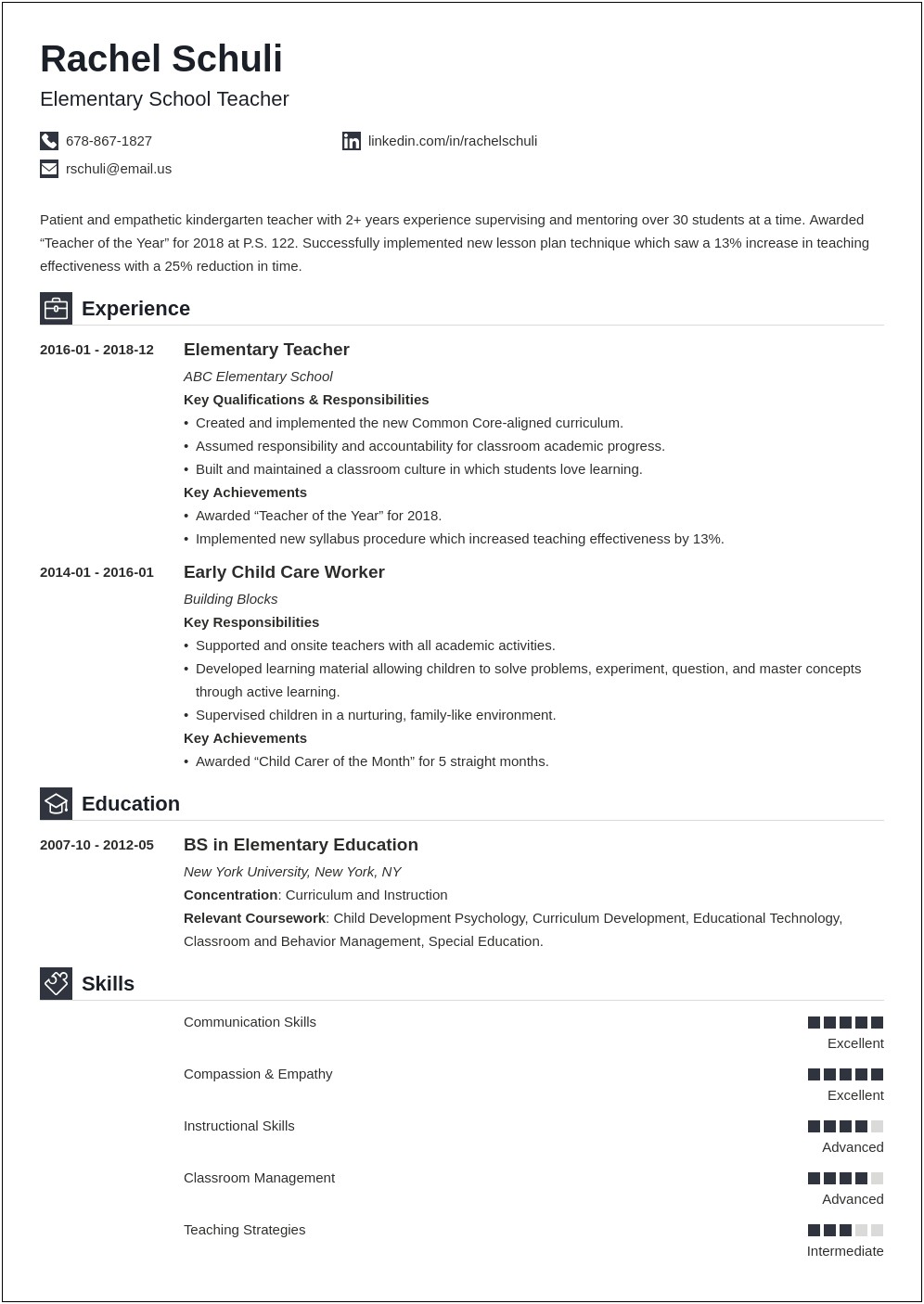 Sample Resume For The Post Of Primary Teacher