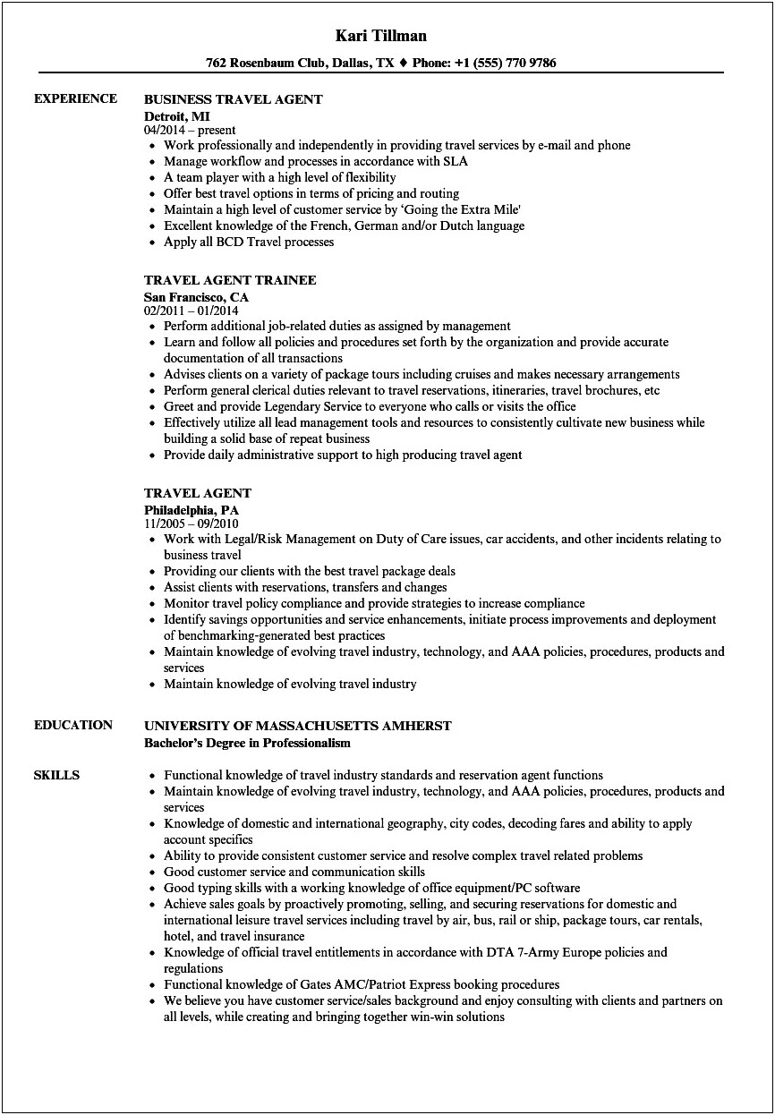 Sample Resume For Travel Agency Manager