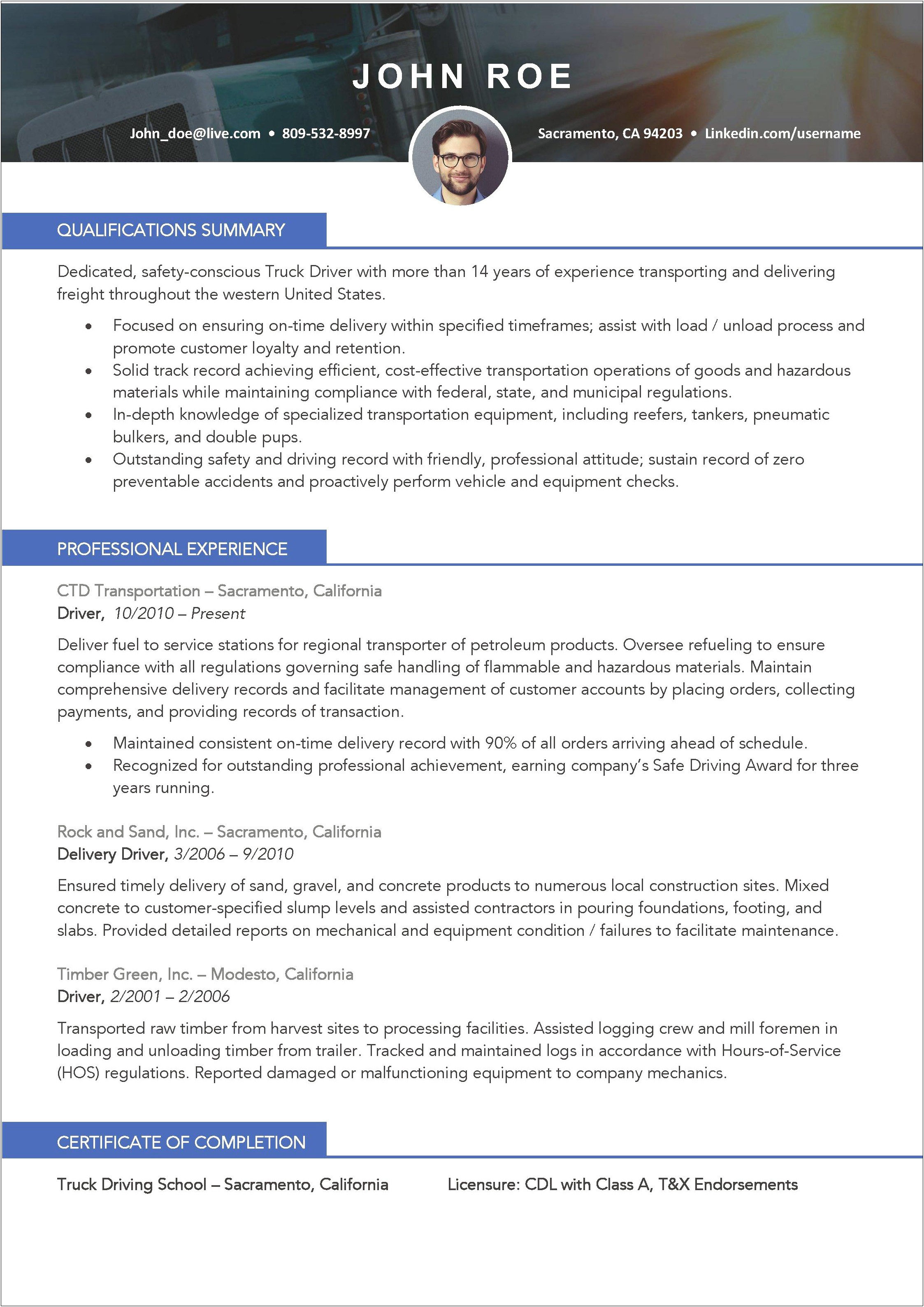 Sample Resume For Truck Driving Job