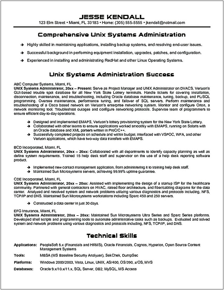 Sample Resume For Unix System Administrator