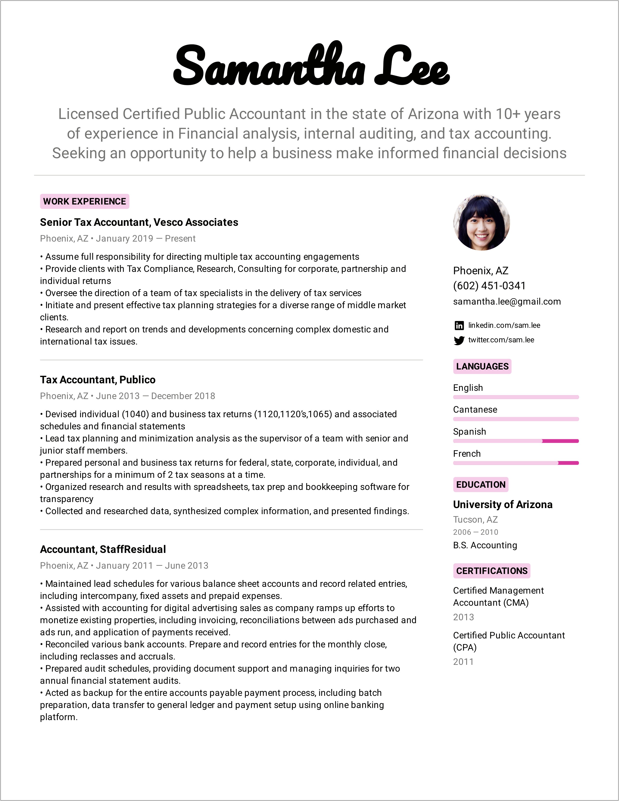 Sample Resume For Us Tax Preparer