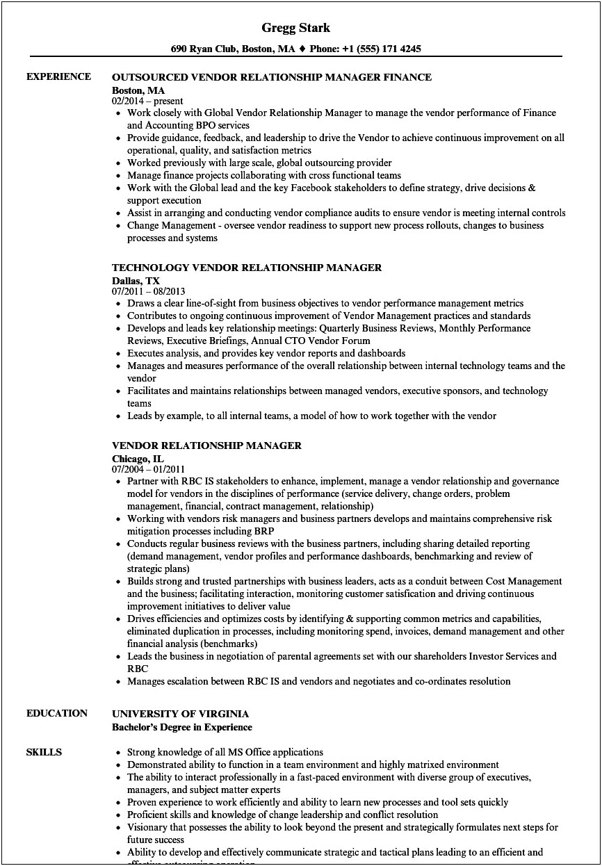 Sample Resume For Vendor Development Manager