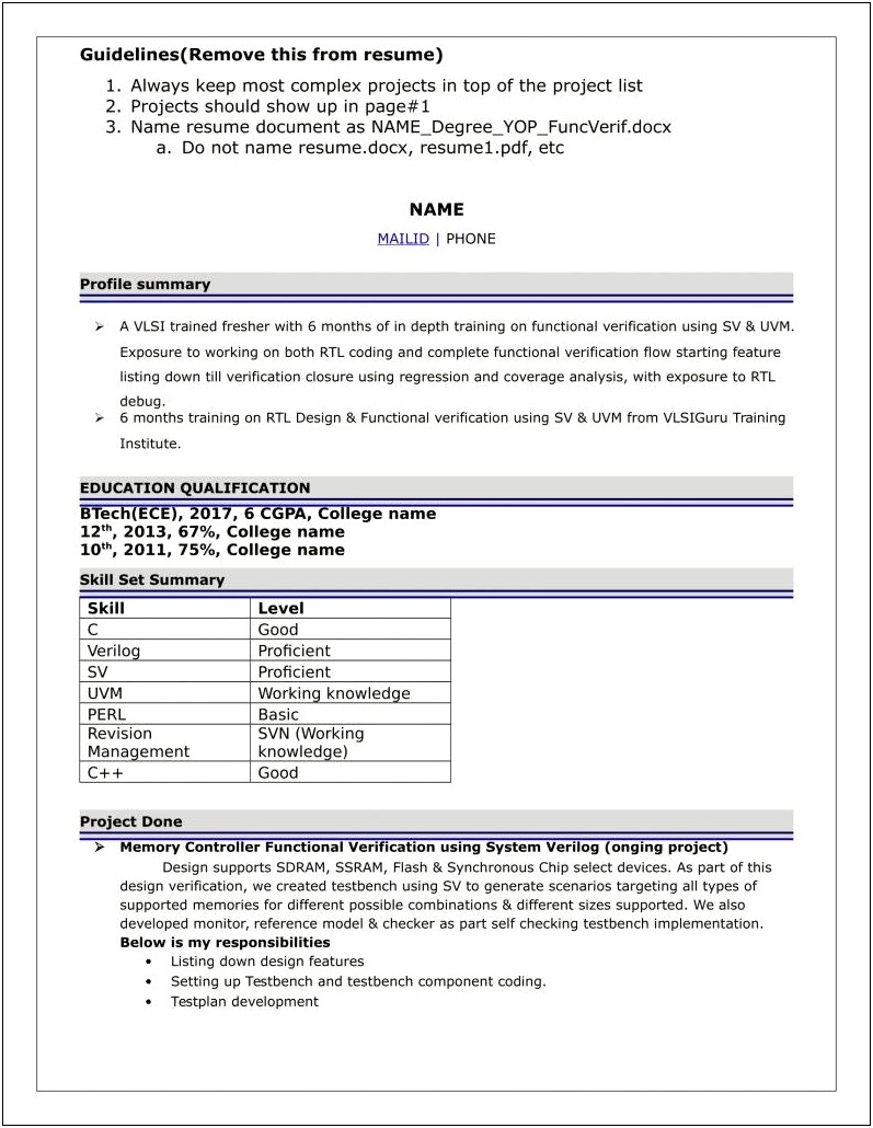 Sample Resume For Vlsi Verification Engineer Fresher