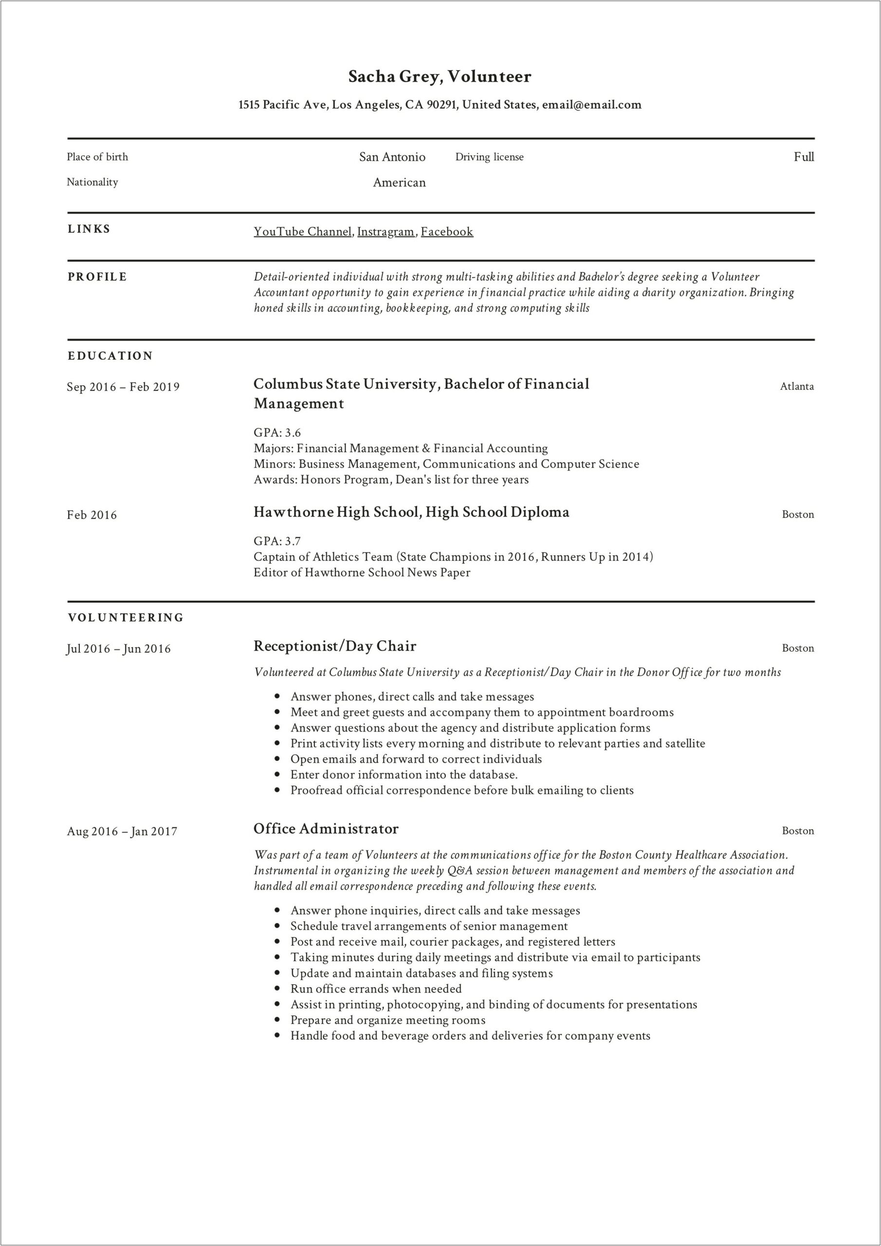 Sample Resume For Volunteer Board Position
