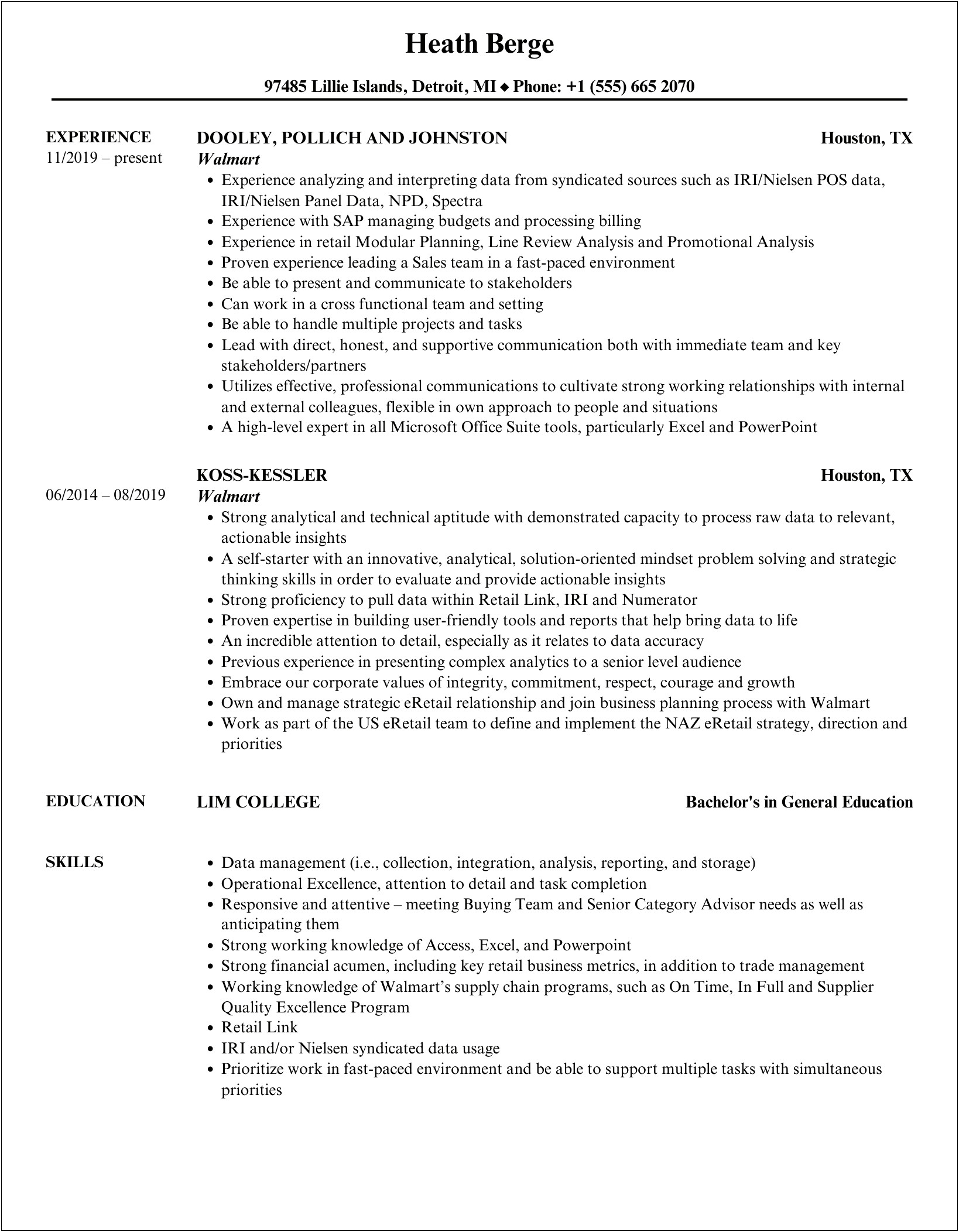 Sample Resume For Walmart Assistant Manager