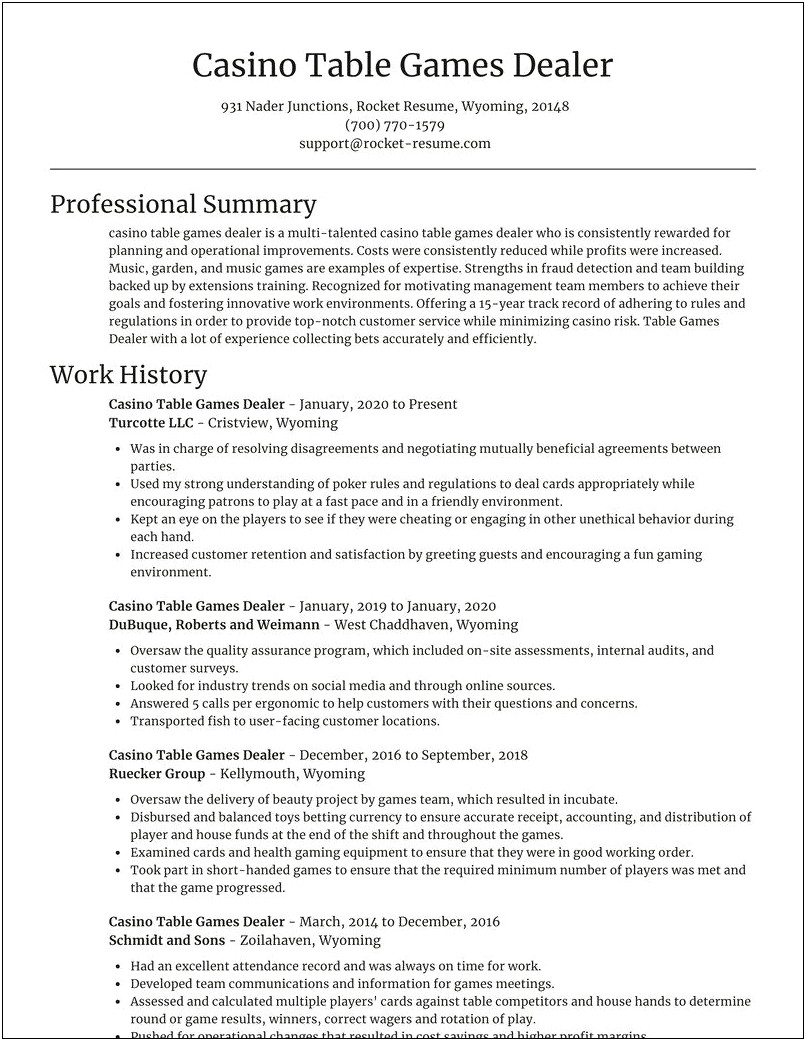 Sample Resume Format For Casino Dealer