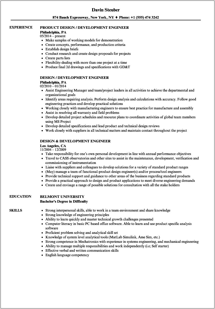 Sample Resume Format For Experienced Hardware Design Engineer