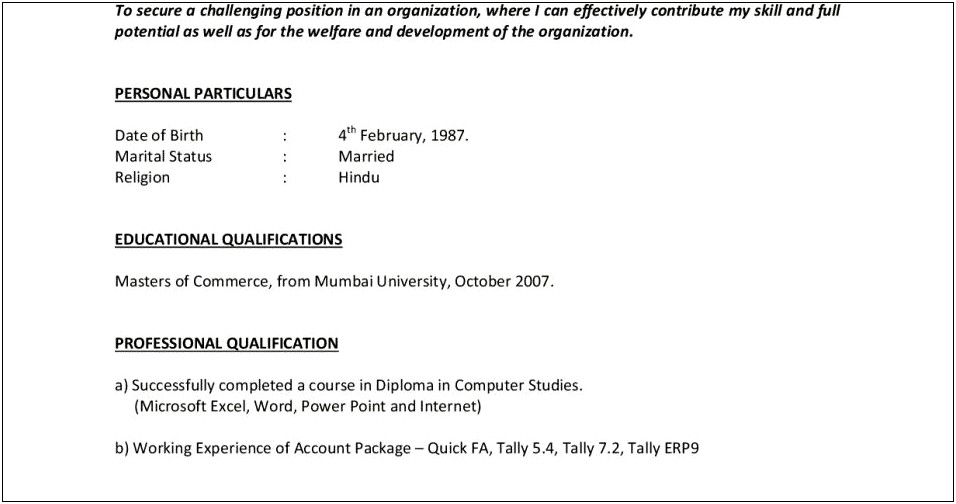 Sample Resume Format For Mcom Freshers