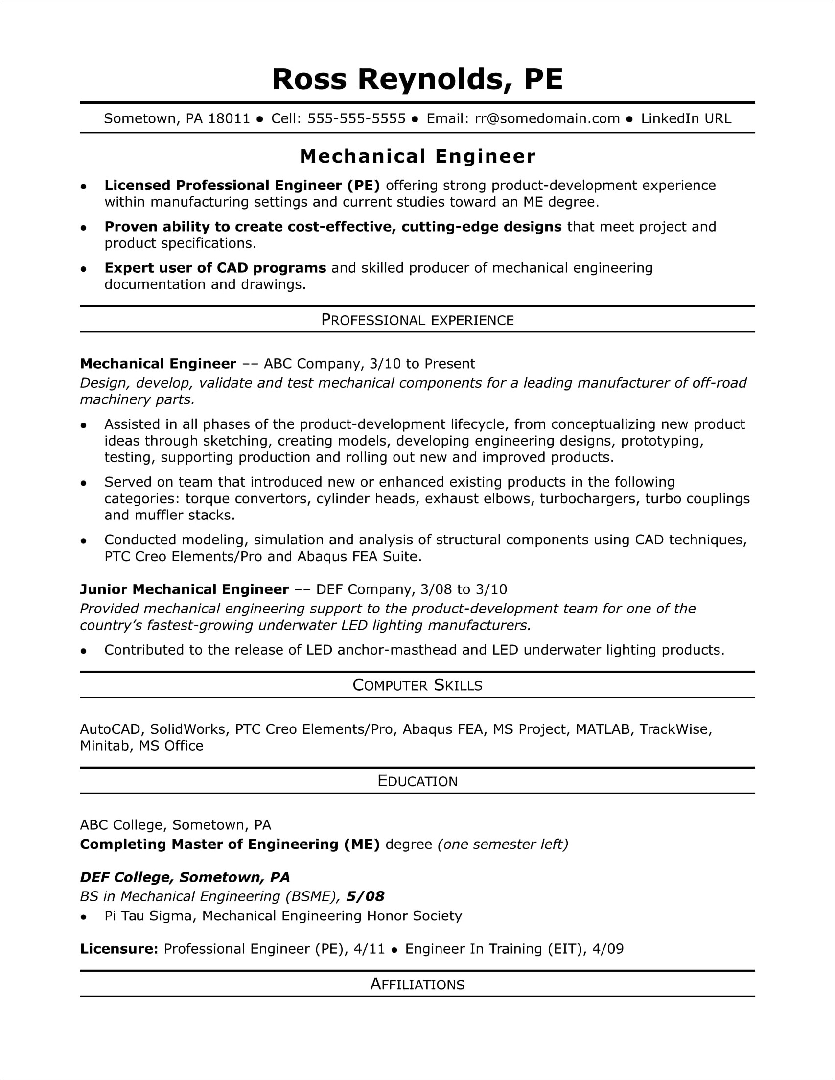 Sample Resume Format For Mep Engineer