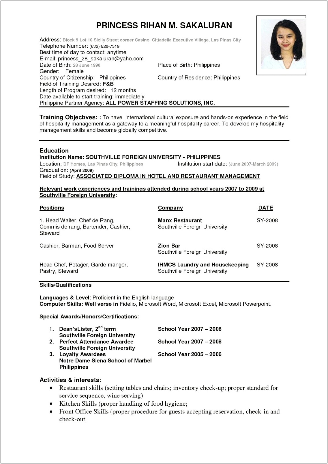 Sample Resume Format For Ojt Tourism Students
