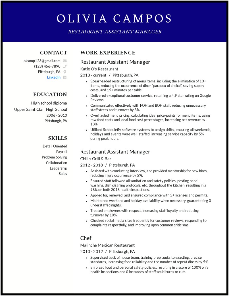 Sample Resume Format For Restaurant Manager
