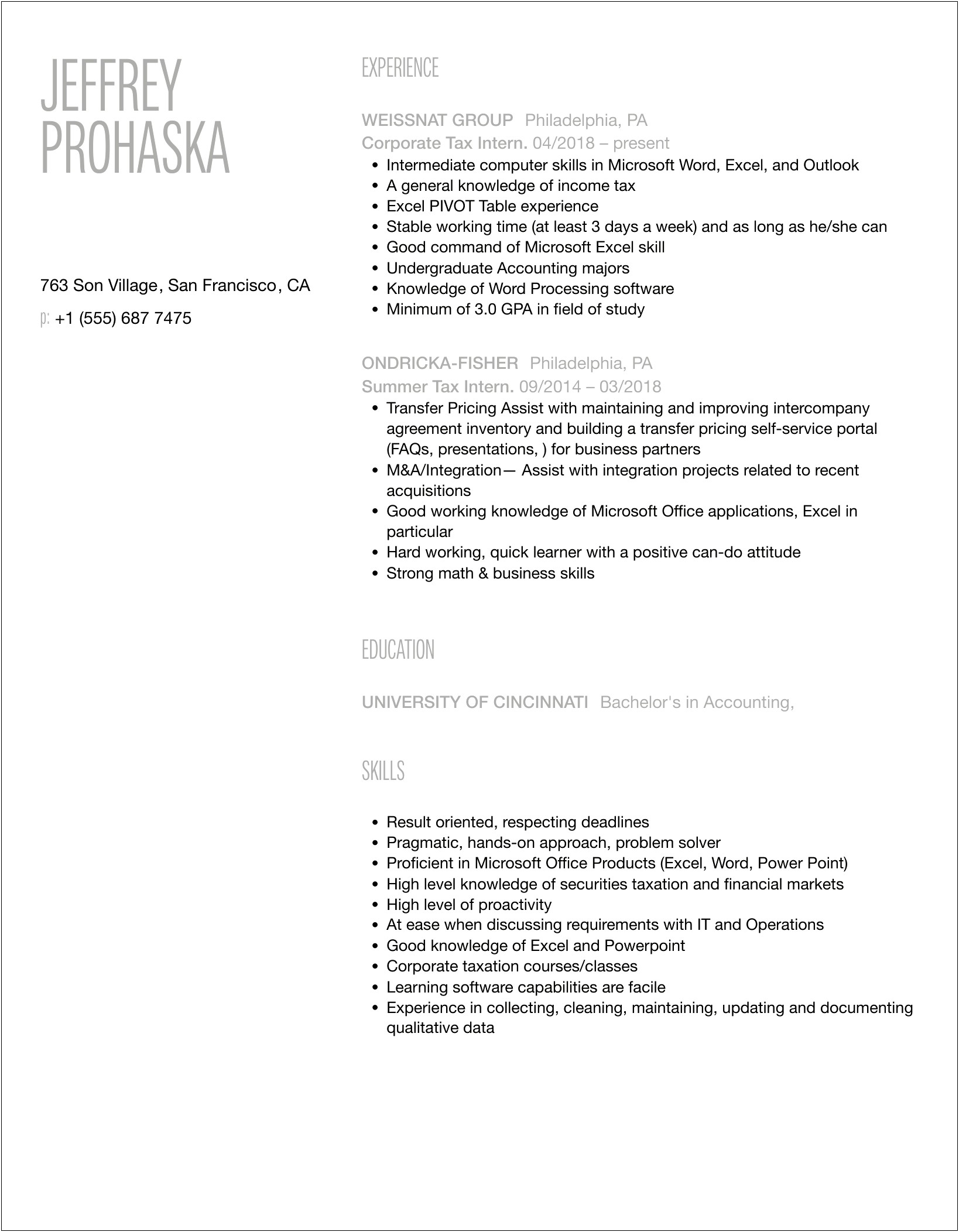 Sample Resume Format For Tax Interns