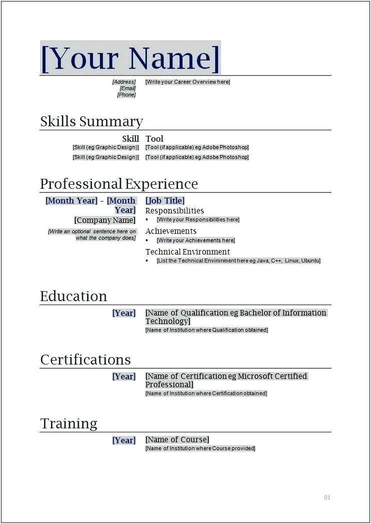 Sample Resume Format Word File Download