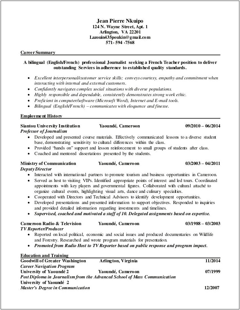 Sample Resume High School French Teacher