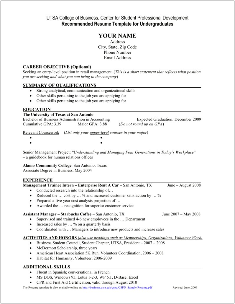 Sample Resume Just Out Of College