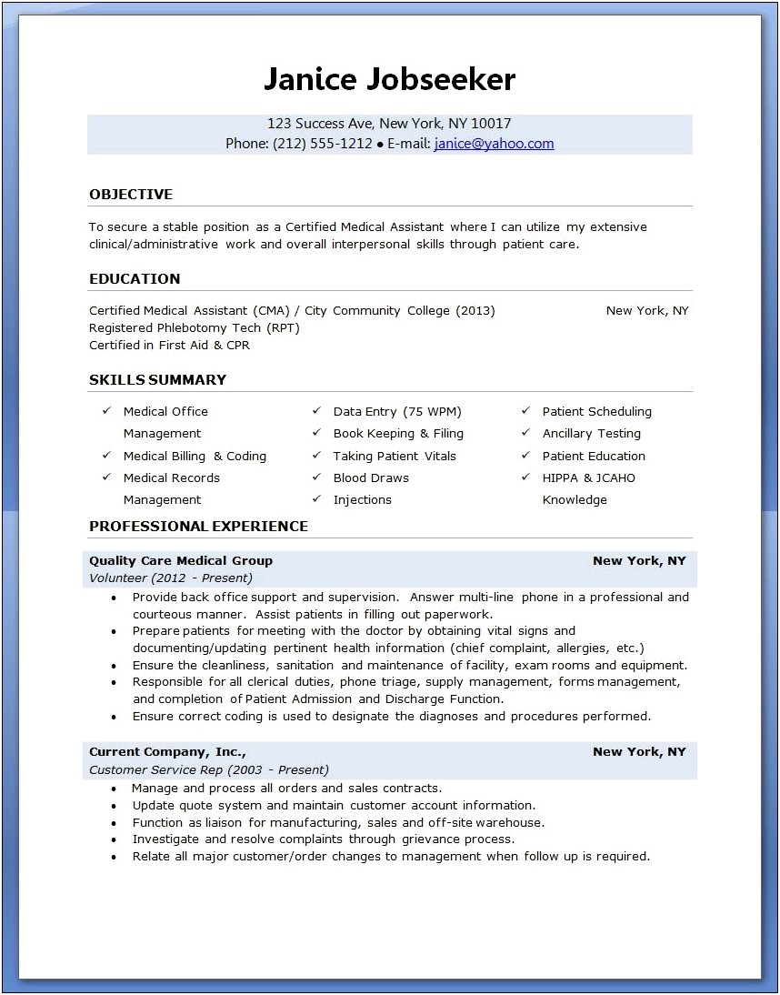 Sample Resume Medical Assistant Just Graduated