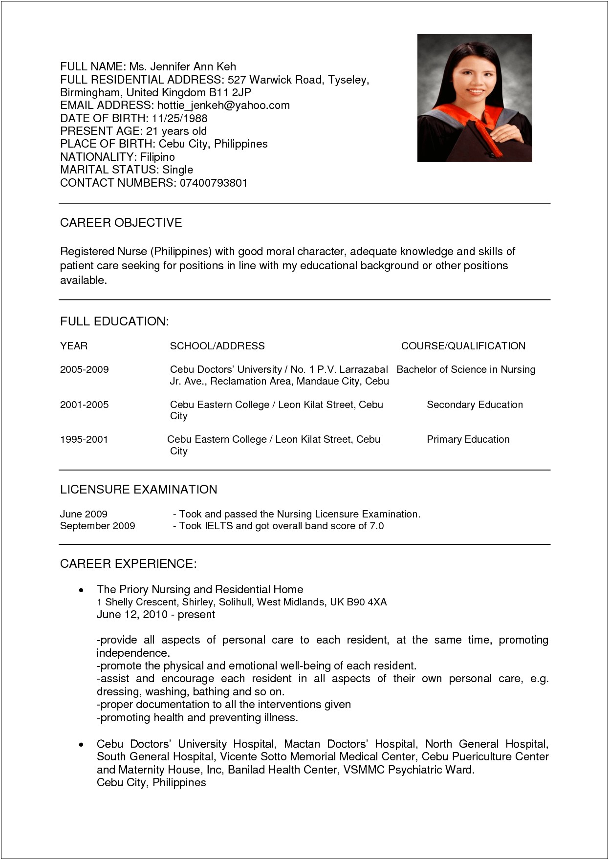 Sample Resume Newly Registered Nurse Philippines