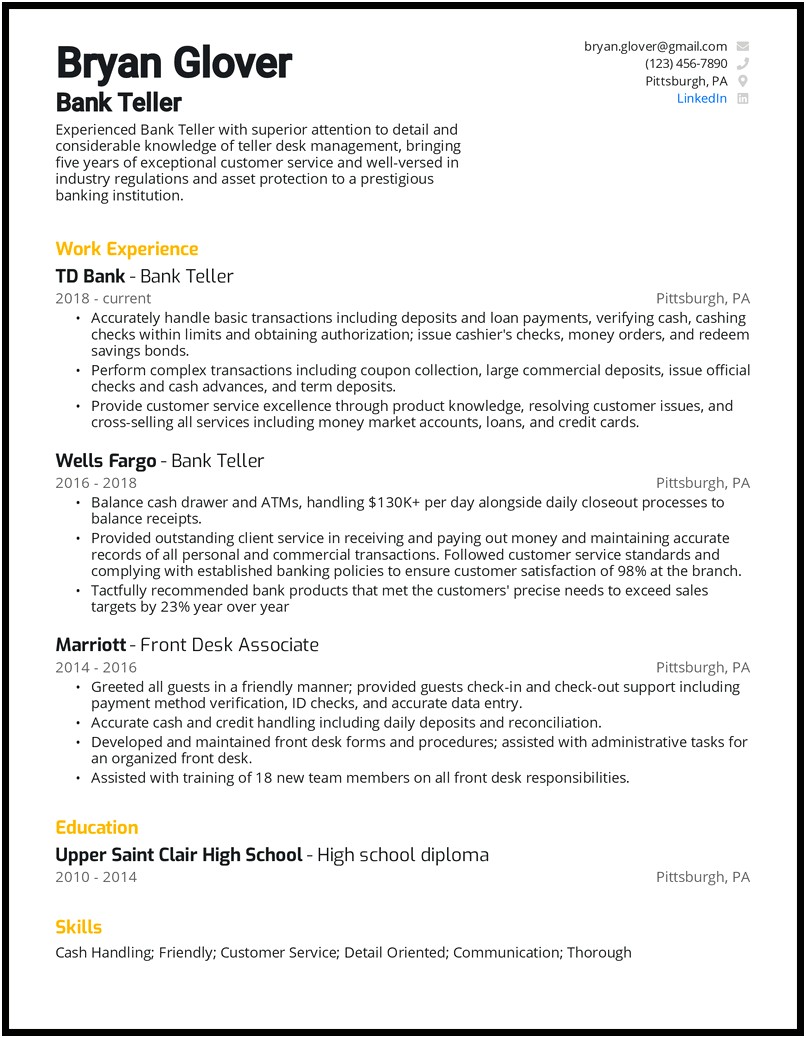 Sample Resume Objective For Bank Teller Position