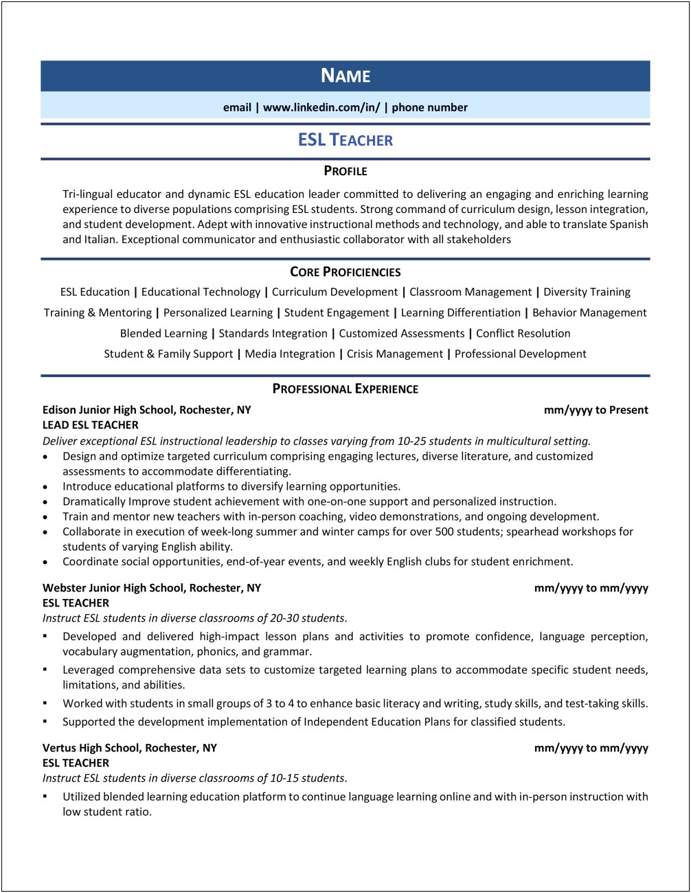 Sample Resume Objective For Esl Teacher