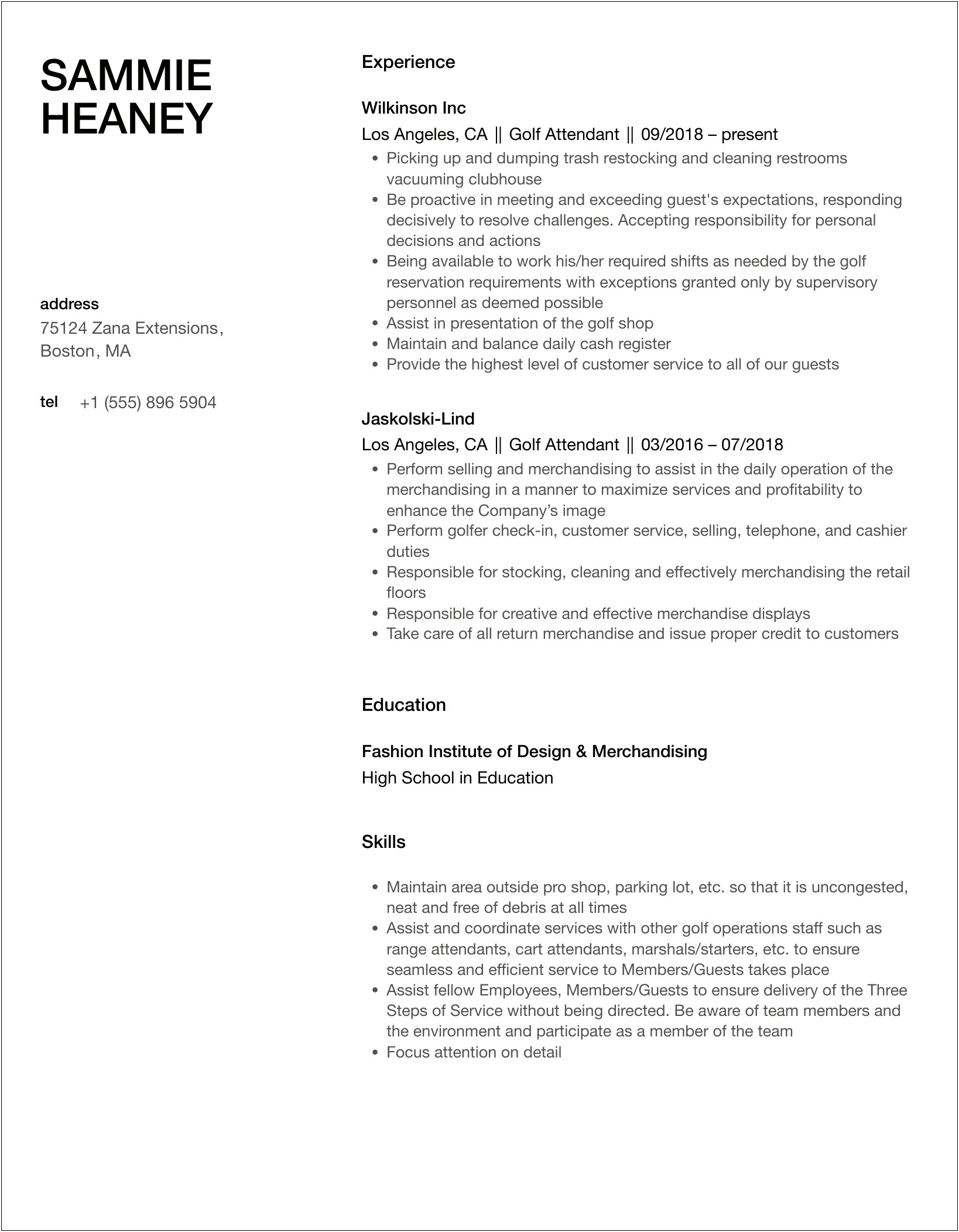 Sample Resume Objective For Golf Course Customer Service