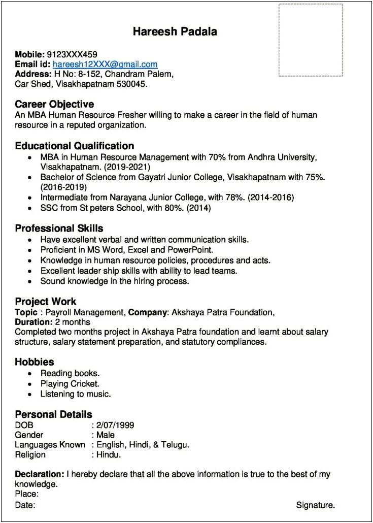 Sample Resume Objective For Hr Fresher