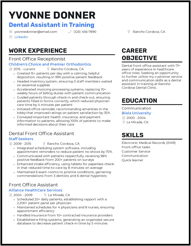 Sample Resume Objectives For Dental Assistant